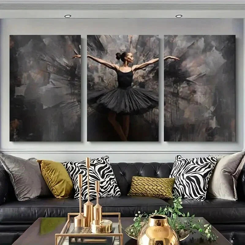 3pcs Modern Abstract Ballerina Dance Black Metal Print Ready to Hang Art