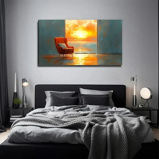 Golden Sunset Red Chair Wall Art Canvas Office Home Room Framed 120x60cm