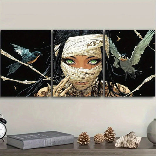 3pcs Abstract Cartoon Woman Stunning Green Eyes Metal Print Ready to Hang Art