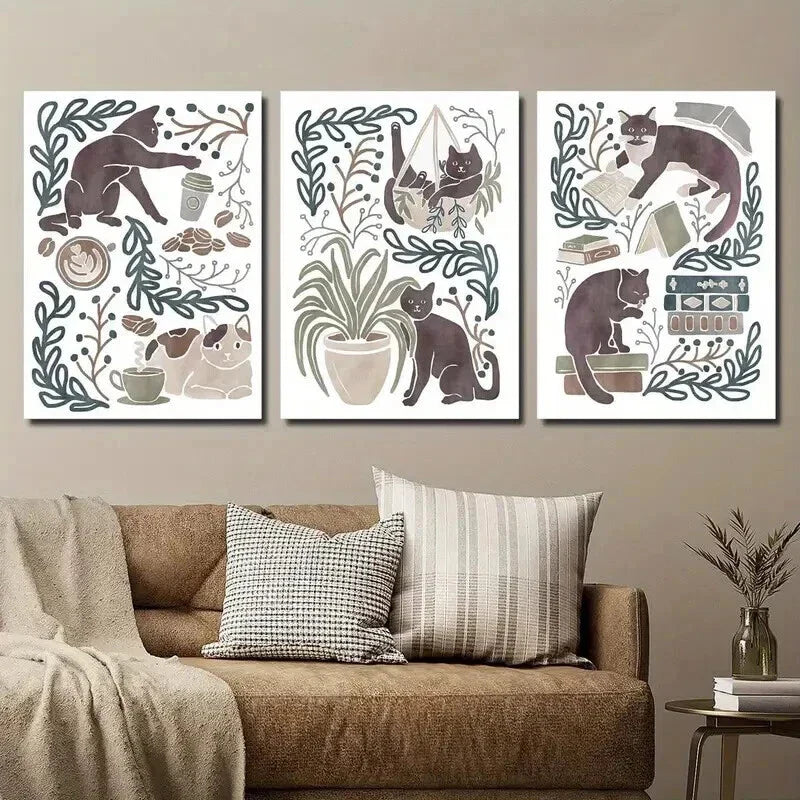 3pcs Cat Posters with Coffee & Indoor Scenes Wall Art Set Canvas Framed 40x60cm - High Quality Print 100% Australian Made Wall Canvas Ready to Hang