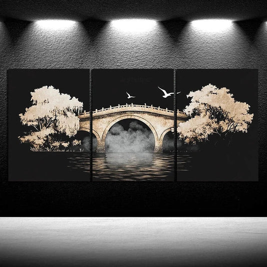 3pcs Charming White Modern Trees Flying Birds Dark Metal Print Ready to Hang Art