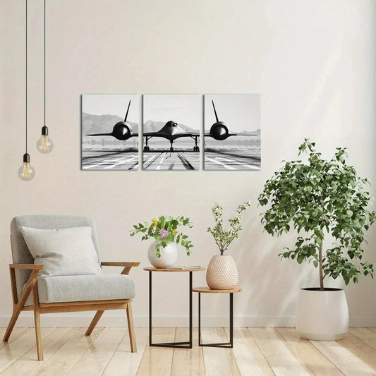 3pcs Black and White Airplane Military Aircraft Metal Print Ready to Hang Art