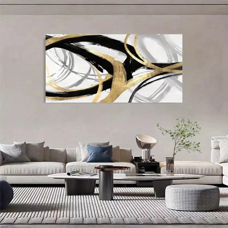 Modern Abstract Golden & Black Wall Art Canvas Office Home Room Framed 120x60cm