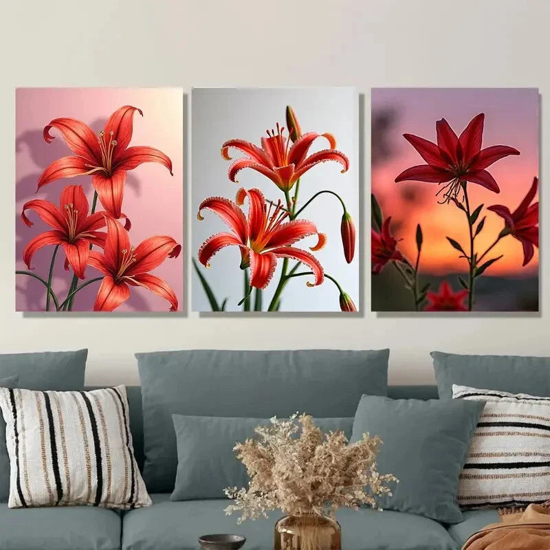 3pcs Red Lily Flower Vibrant Floral Orange Wall Art Set Canvas Framed 40x60cm - High Quality Print 100% Australian Made Wall Canvas Ready to Hang
