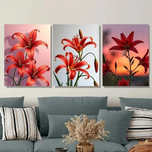 3pcs Red Lily Flower Vibrant Floral Orange Wall Art Set Canvas Framed 40x60cm - High Quality Print 100% Australian Made Wall Canvas Ready to Hang