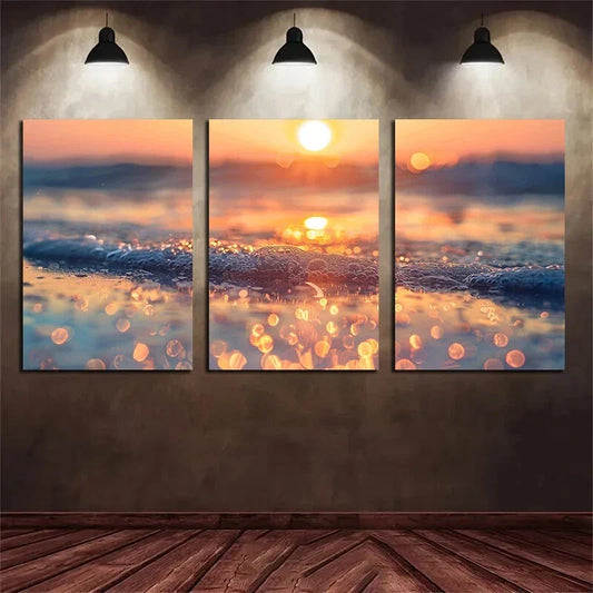 3pcs Sunset Over The Sea Beach Metal Print Ready to Hang Art