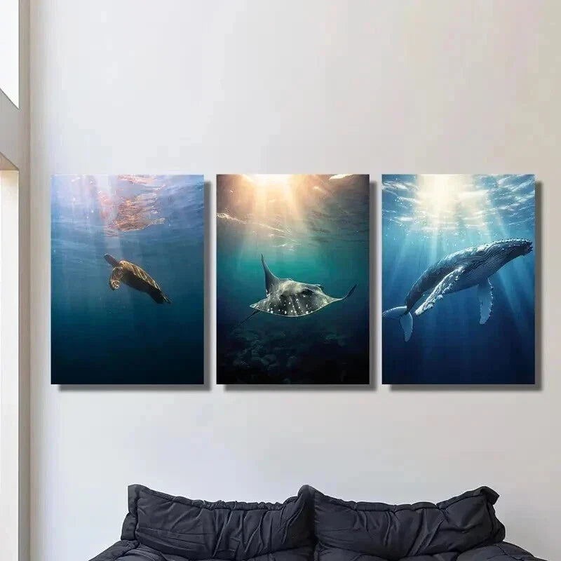 3pcs Turtle Devil Fish Blue Whale Illumination Wall Art Set Canvas Framed 40x60cm - High Quality Print 100% Australian Made Wall Canvas Ready to Hang