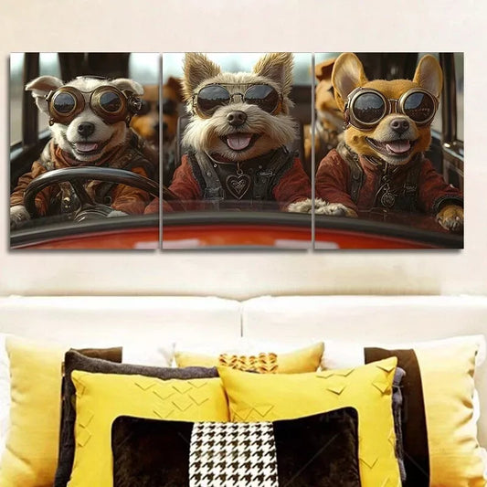 3pcs   Dogs Driving A Car With Sunglasses Wall Art Set Canvas Framed 40x60cm - High Quality Print 100% Australian Made Wall Canvas Ready to Hang