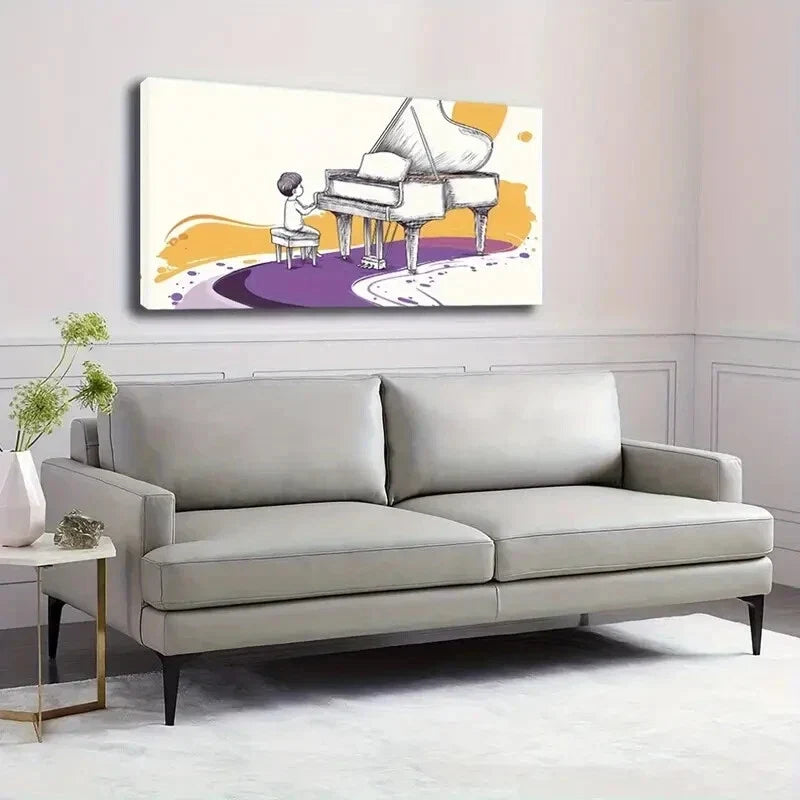Piano Scene with Young Pianist Wall Art Canvas Office Home Room Framed 120x60cm