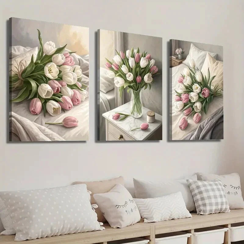 3pcs Tulip Flower Bouquet Botanical Flower Wall Art Set Canvas Framed 40x60cm - High Quality Print 100% Australian Made Wall Canvas Ready to Hang