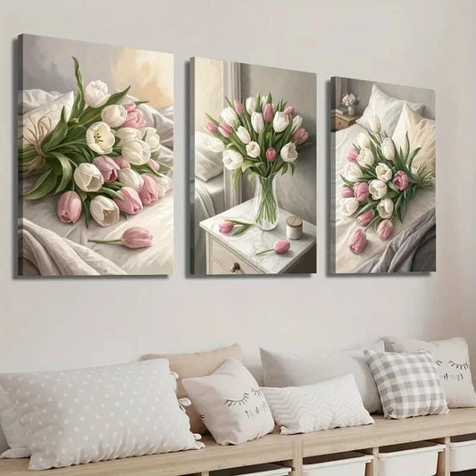 3pcs Tulip Flower Bouquet Botanical Flower Wall Art Set Canvas Framed 40x60cm - High Quality Print 100% Australian Made Wall Canvas Ready to Hang