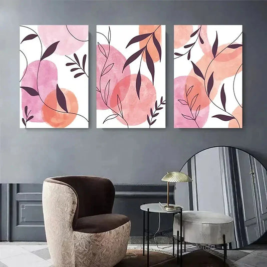 3pcs Pink and Orange Watercolor Leaves and Circle Metal Print Ready to Hang Art