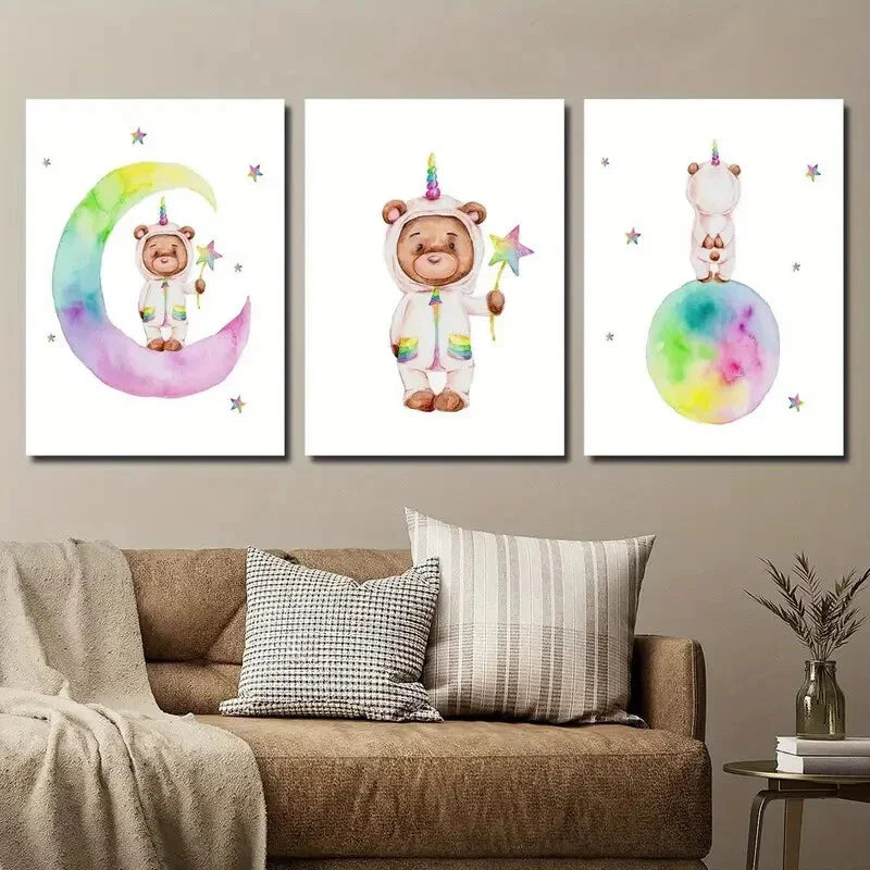 3pcs Watercolor Style Unicorn Bear Wall Art Set Canvas Framed 40x60cm - High Quality Print 100% Australian Made Wall Canvas Ready to Hang