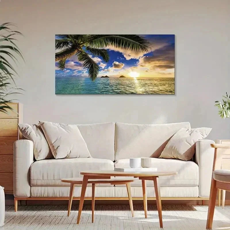 Summer Waves & Palm Beach Wall Art Canvas Office Home Room Framed 80x45cm