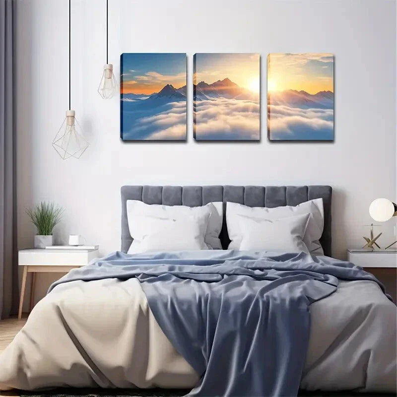 3pcs Serene Mountain Sunrise Scene with Snow Wall Art Set Canvas Framed 40x60cm - High Quality Print 100% Australian Made Wall Canvas Ready to Hang