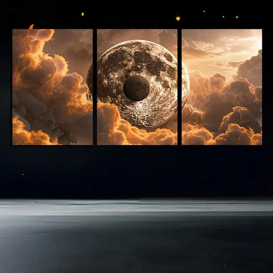 3pcs Yin-Yang Orange Clouds Big Moon Metal Print Ready to Hang Art