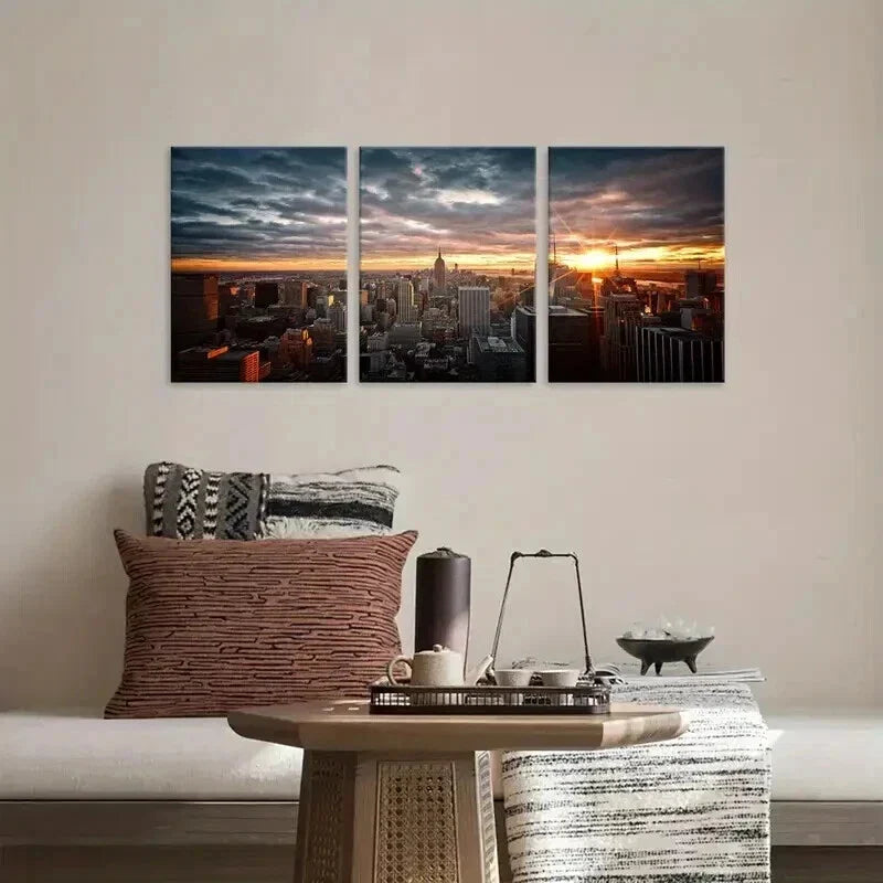 3pcs Vibrant Cityscape Skyscraper Sunset Wall Art Set Canvas Framed 40x60cm - High Quality Print 100% Australian Made Wall Canvas Ready to Hang