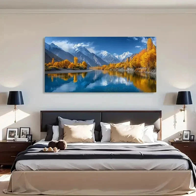 Serene Autumn Lake Snow Forest Wall Art Canvas Office Home Room Framed 120x60cm