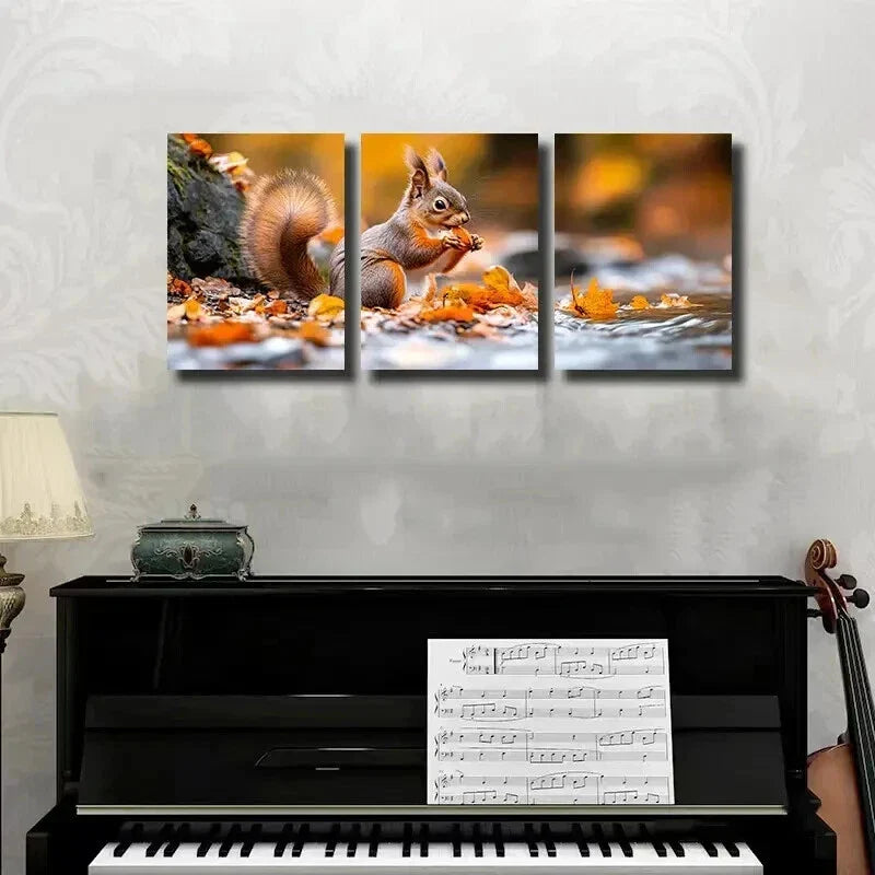 3pcs A Cute Squirrel is Sitting on the Bank Wall Art Set Canvas Framed 40x60cm - High Quality Print 100% Australian Made Wall Canvas Ready to Hang
