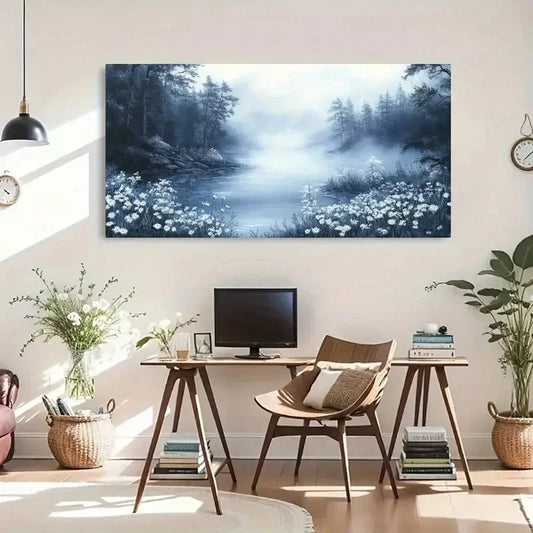 Tranquil Foggy Forest & Flowers Wall Art Canvas Office Home Room Framed 120x60cm