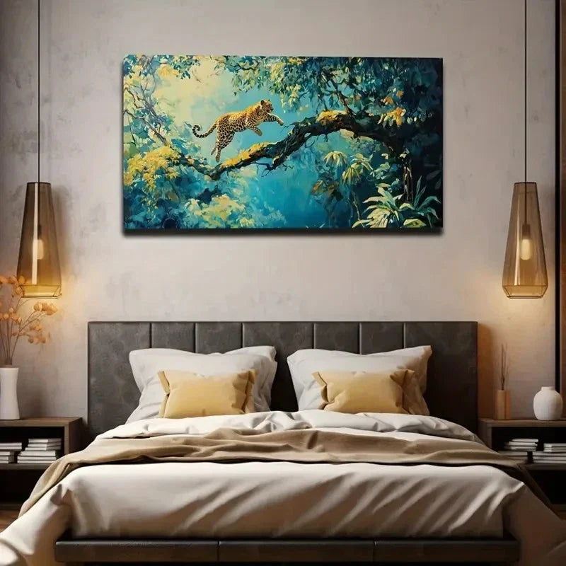 Leopard On A Tree Space Wall Art Canvas Office Home Room Framed 120x60cm