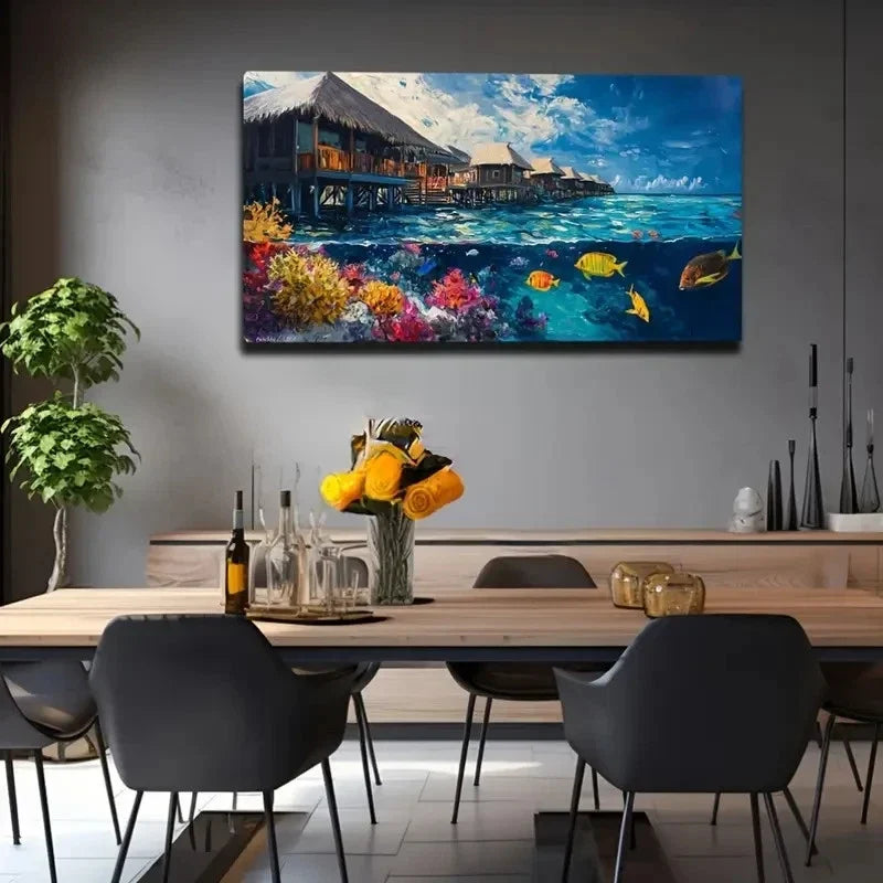 Tropical Beach Villa Wall Art Canvas Office Home Room Framed 80x45cm
