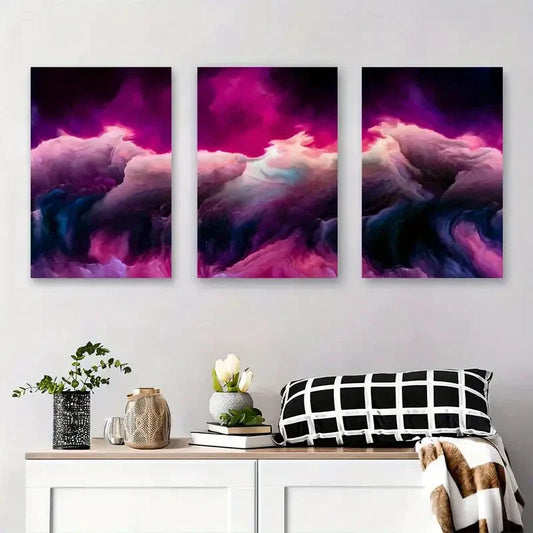 3pcs Vibrant Purple & Pink Swirls Modern Metal Print Ready to Hang Art