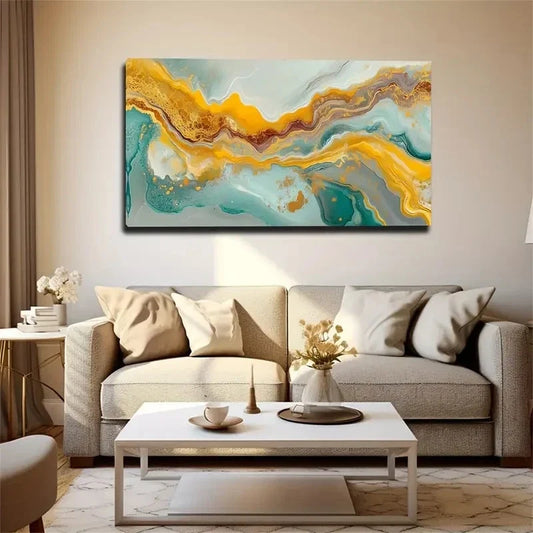 Teal Golden And Beige Tones Wall Art Canvas Office Home Room Framed 120x60cm