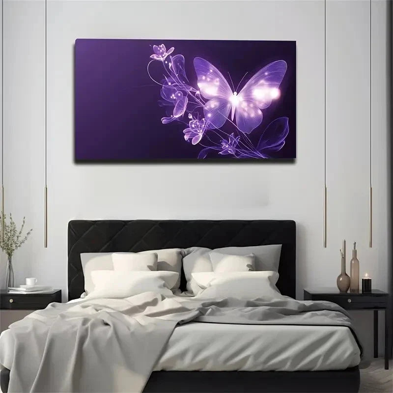 Fluorescent Purple Butterfly Wall Art Canvas Office Home Room Framed 120x60cm