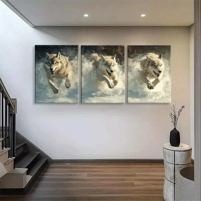 3pcs White Wolves in Snow Winter Wild Perfect Wall Art Set Canvas Framed 40x60cm - High Quality Print 100% Australian Made Wall Canvas Ready to Hang