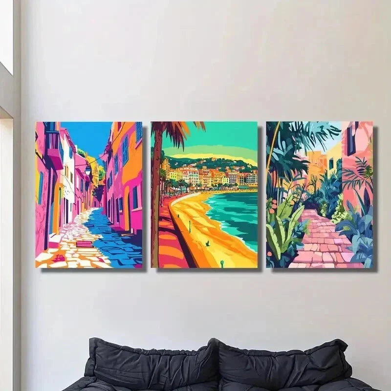 3pcs Colorful Ocean Beach City Landscape Wall Art Set Canvas Framed 40x60cm - High Quality Print 100% Australian Made Wall Canvas Ready to Hang
