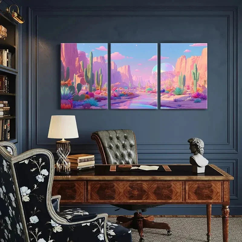 3pcs Vibrant Cactus & Rock Formation Art Metal Print Ready to Hang Art