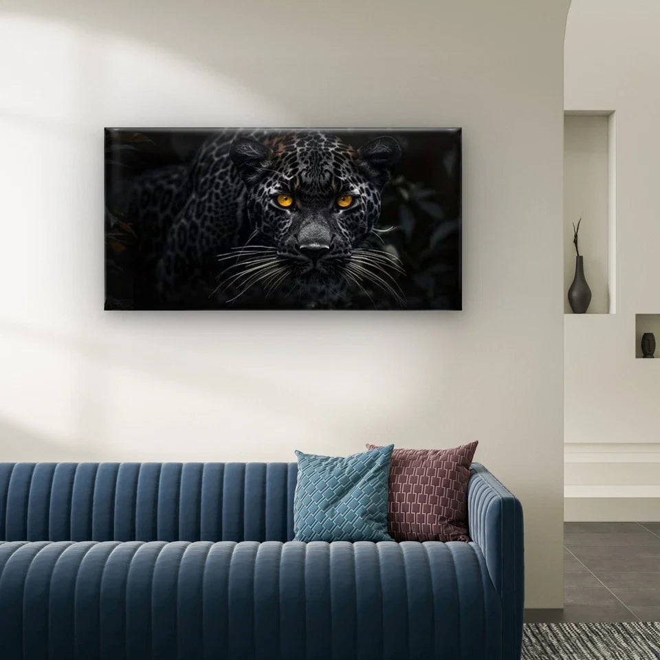 Black Jaguar with Amber Eyes Wall Art Canvas Office Home Room Framed 80x45cm