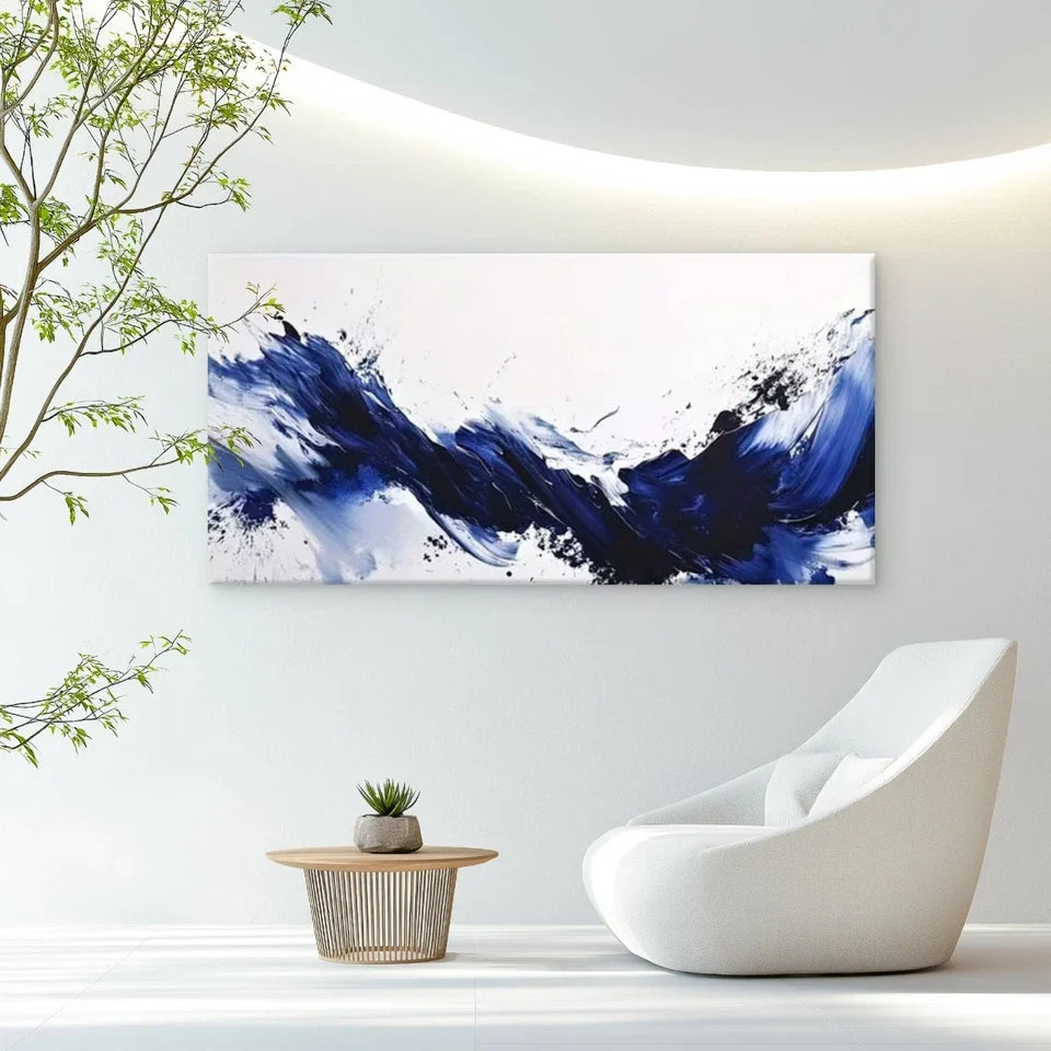 Dynamic Modern Blue Ink Wall Art Canvas Office Home Room Framed 80x45cm