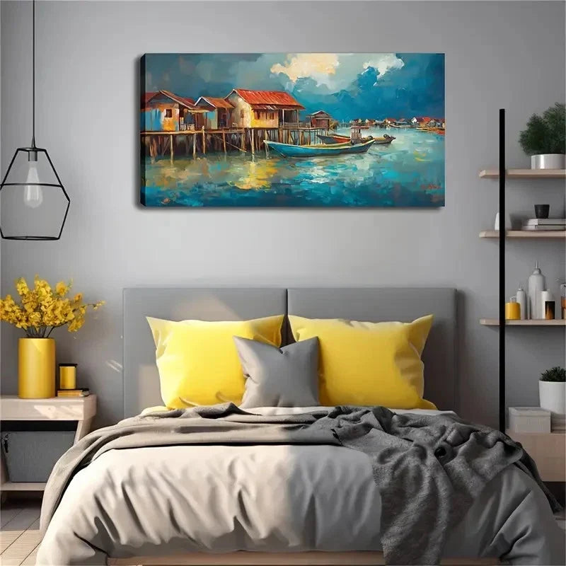 Fishing Boats And Wooden Houses Wall Art Canvas Office Home Room Framed 120x60cm