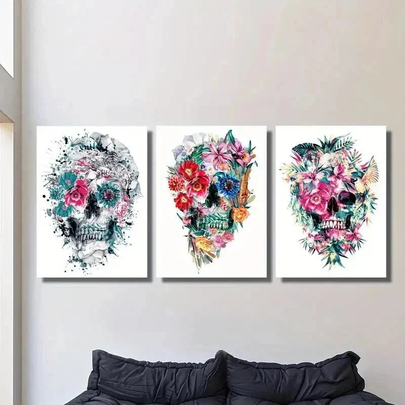 3pcs Vibrant Floral Skull Decoration Wall Art Set Canvas Framed 40x60cm - High Quality Print 100% Australian Made Wall Canvas Ready to Hang