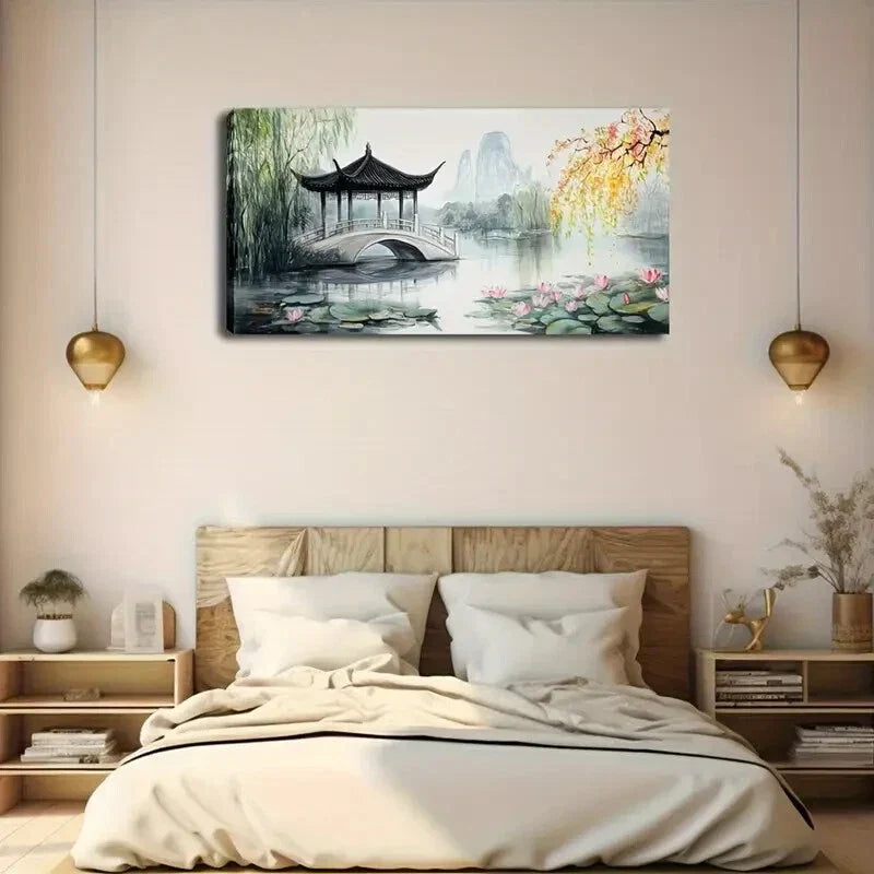 Serene Pavilion Stone Bridge Wall Art Canvas Office Home Room Framed 120x60cm