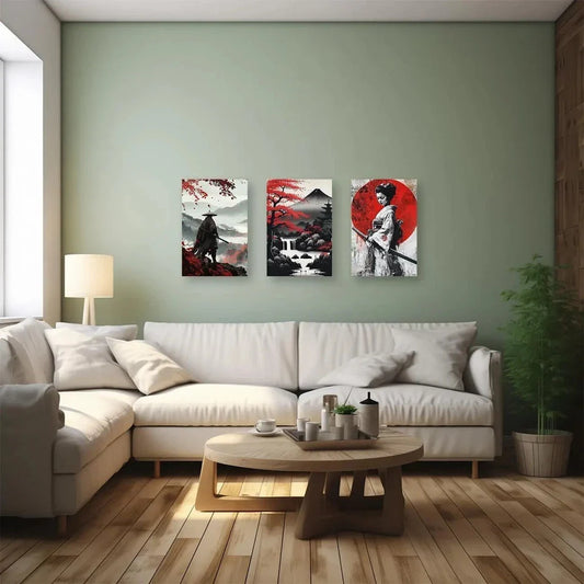 3pcs Japan Samurai with Cherry Blossom Metal Print Ready to Hang Art