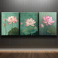 3pcs Pink Lotus Flowers Green Leaves Metal Print Ready to Hang Art