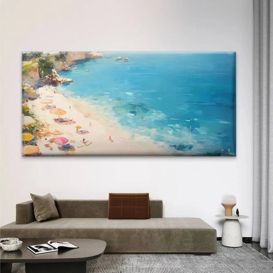 Golden Tropical Beach &Umbrella Wall Art Canvas Office Home Room Framed 80x45cm