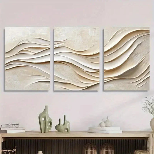 3pcs Abstract Beige Textured Contemporary Metal Print Ready to Hang Art