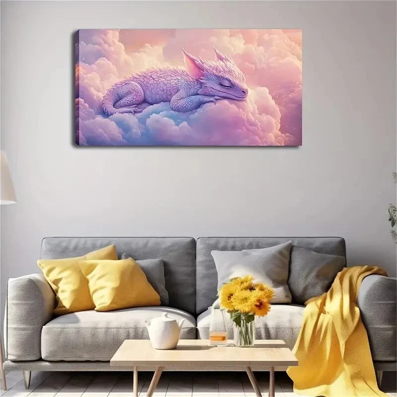 Serene Purple Dragon on Clouds Wall Art Canvas Office Home Room Framed 120x60cm