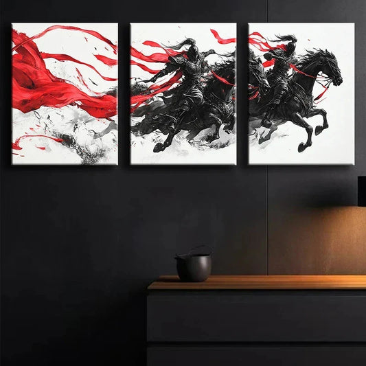 3pcs Running Black Horse Red Theme Metal Print Ready to Hang Art