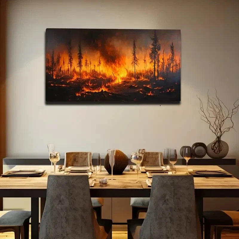 Dramatic Forest Fire Orange Wall Art Canvas Office Home Room Framed 120x60cm
