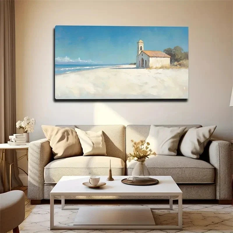 White Beach House High Wall Art Canvas Office Home Room Framed 120x60cm