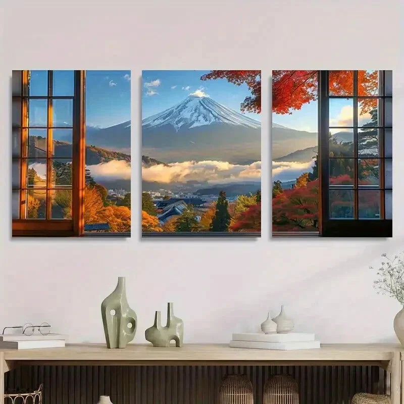 3pcs Vibrant Fall Foliage & Misty Mountain Scene Metal Print Ready to Hang Art