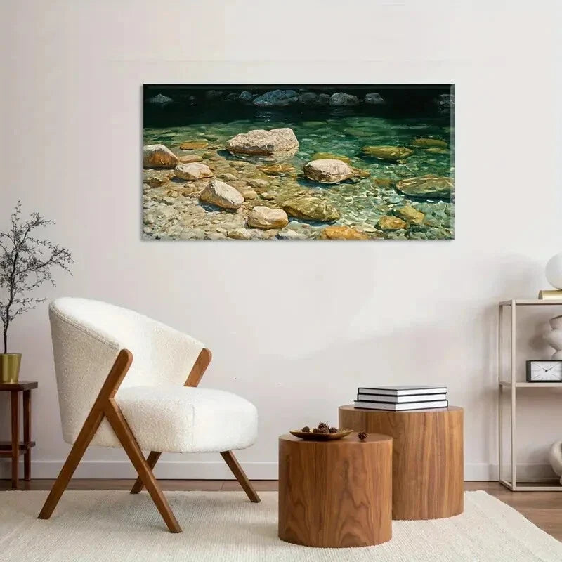 River Rocks Sunlit Water Scene Wall Art Canvas Office Home Room Framed 120x60cm