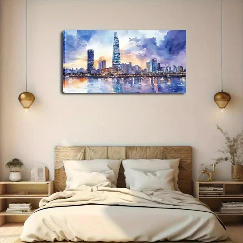 Modern Urban Skyline at Sunset Wall Art Canvas Office Home Room Framed 120x60cm