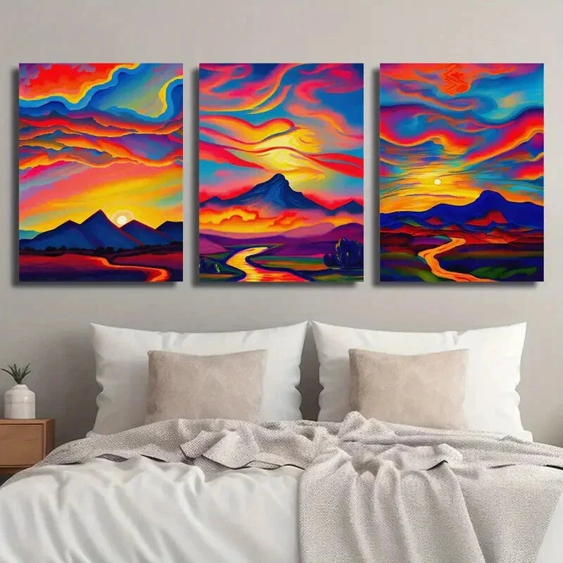 3pcs Colorful Sunset Landscape Painting Wall Art Set Canvas Framed 40x60cm - High Quality Print 100% Australian Made Wall Canvas Ready to Hang