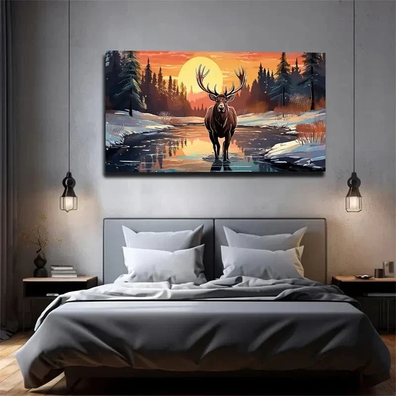 Vivid Elk Winter Scene Wall Art Canvas Office Home Room Framed 80x45cm